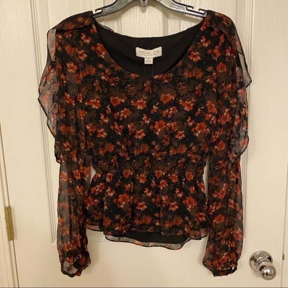 RACHEL ZOE Silk Ruffle-Sleeve Floral Top in Black/Red Multi Size XS - Picture 4 of 8